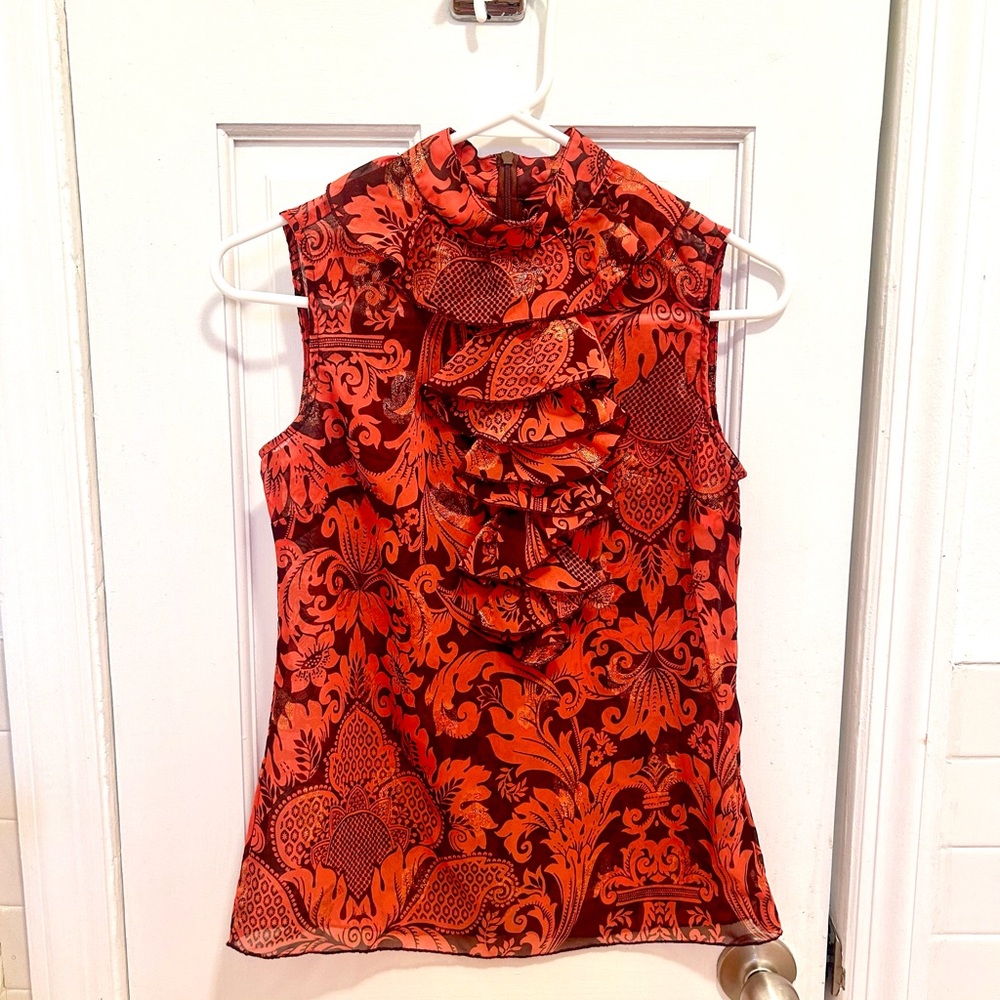 Anna Sui Sleeveless Burnt-Orange Sleeveless Ruffle Blouse